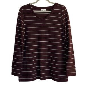 J. Jill V-Neck Knit Tunic Top Size S Purple Green Stripes Long Sleeves Pockets